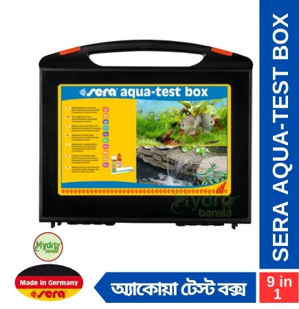Sera Aqua-Test Box offers a complete water testing solution with kits for pH, total hardness, carbonate hardness, ammonium/ammonia, nitrite, nitrate, phosphate, iron, and copper or chlorine 9 in 1